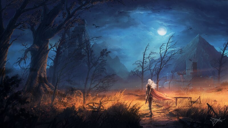 White-haired Warrior — Blue, Dramatic, Night, Digital Art, Castle