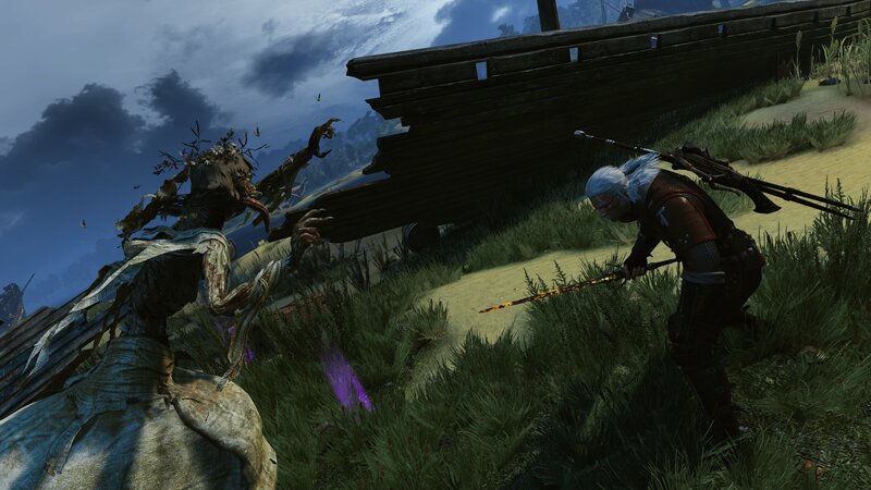 White-haired Warrior Fighting Monster — Green, Dramatic