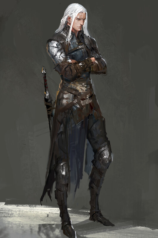 White-haired Warrior — Gray, Dramatic, Digital Art, Sword