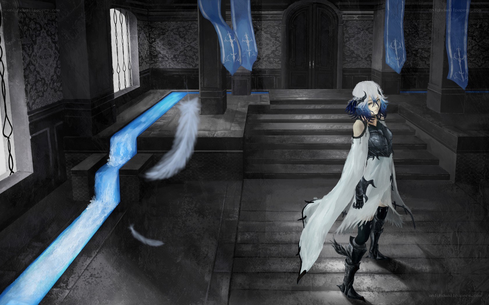 white-haired warrior in a castle hall