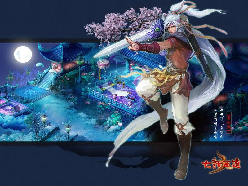 White-haired warrior in a fantasy garden