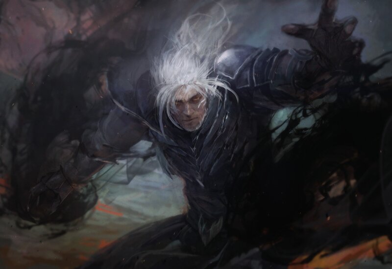 White-haired Warrior in Armor — Black, Dramatic, Digital Art, Sword