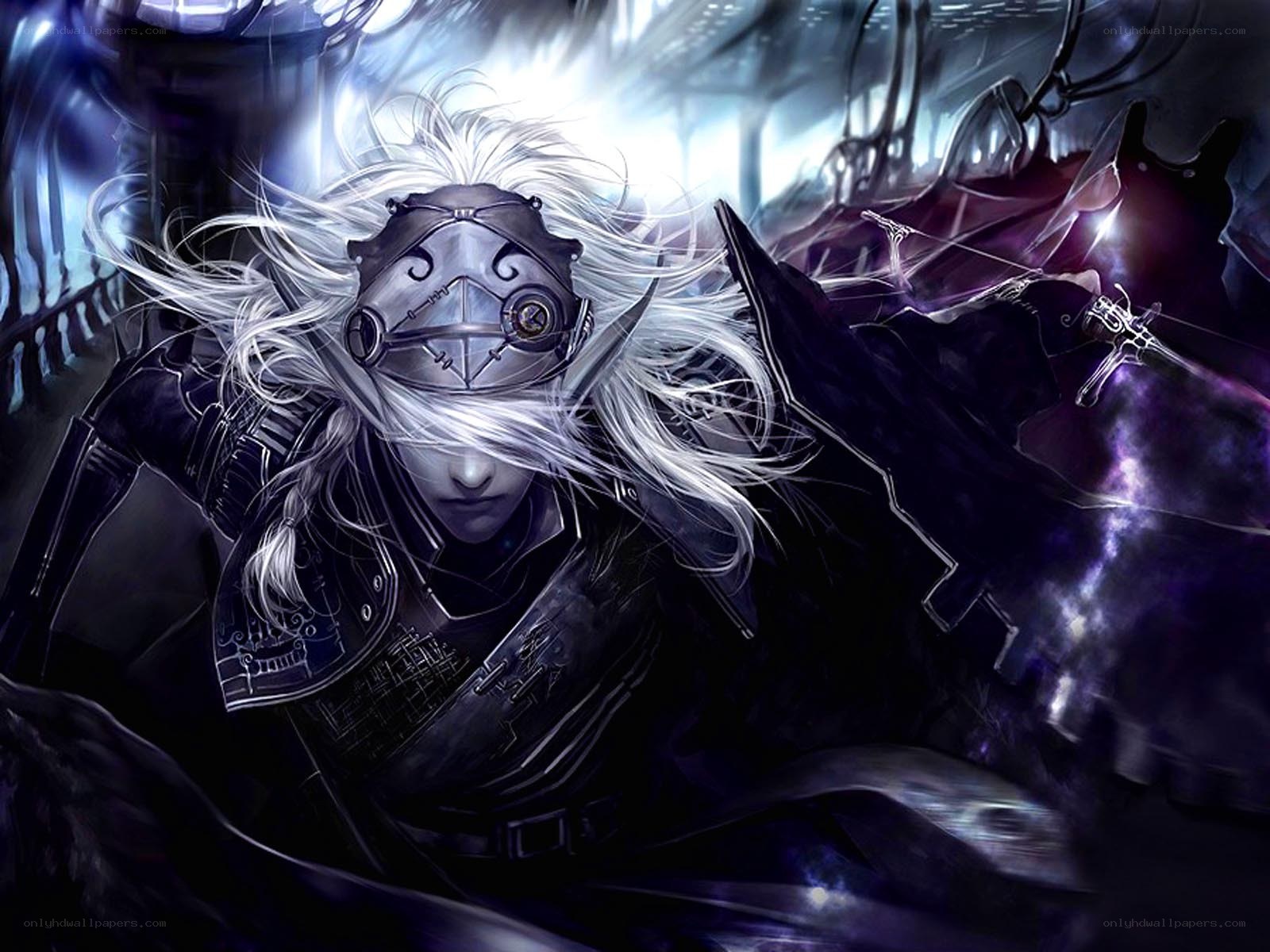 white-haired warrior in dark armor