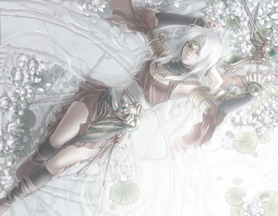 white-haired warrior in lotus pond