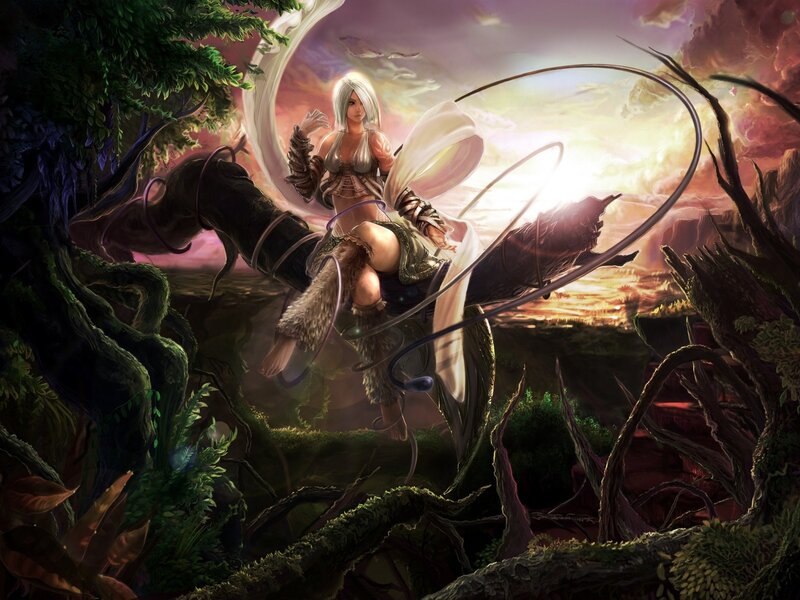 White-haired warrior in mystical forest