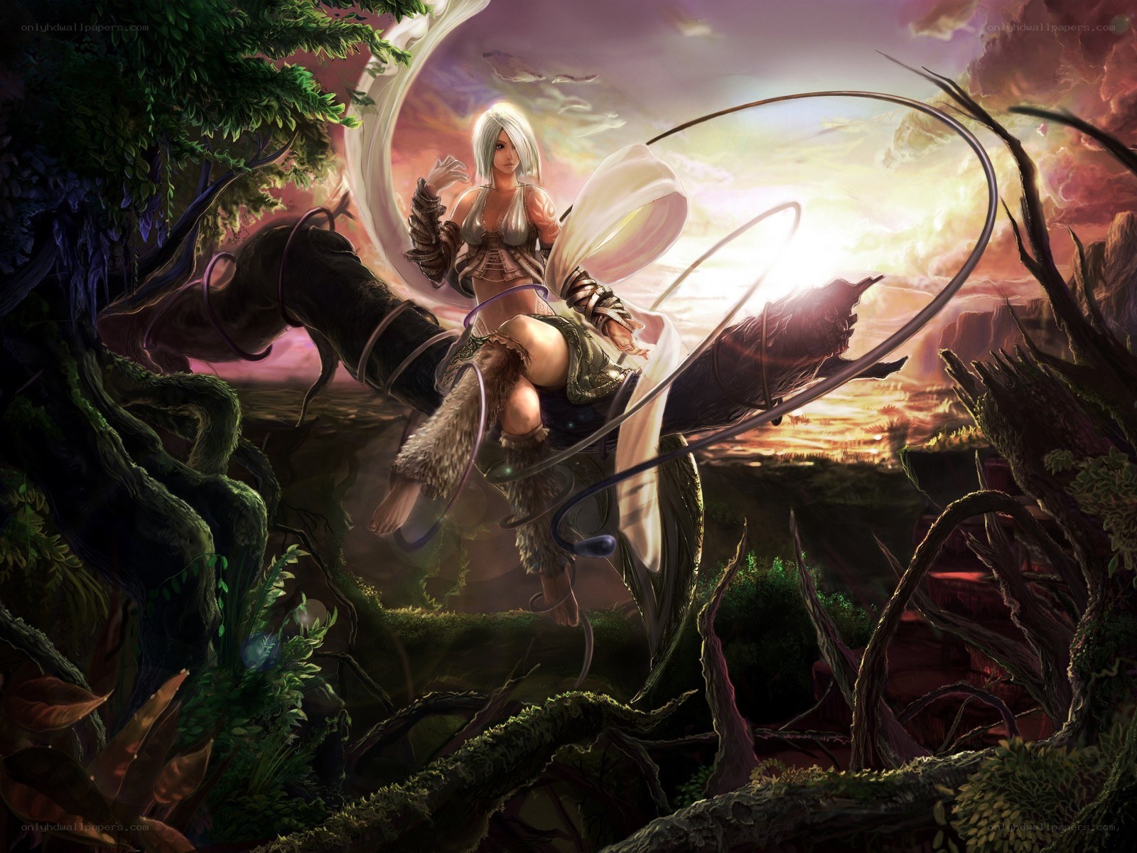 White-haired warrior in mystical forest