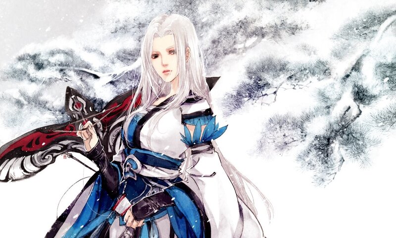 white-haired warrior in snow