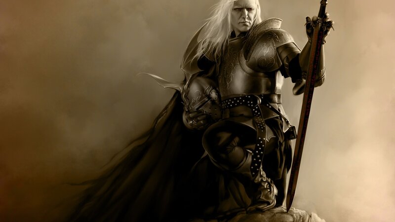 White-haired Warrior Knight — Brown, Dramatic, Digital Art, Sword, Armor