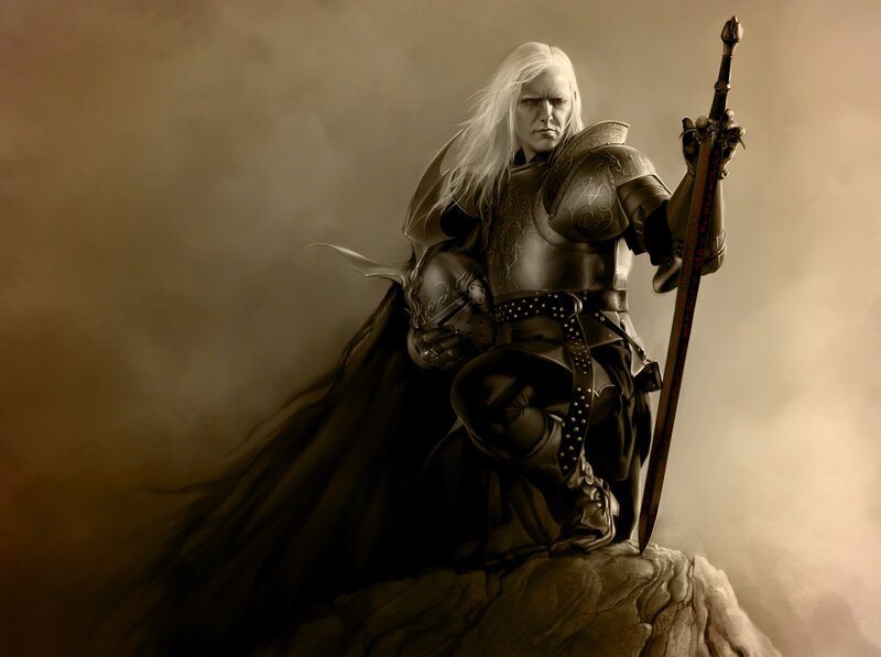 White-haired Warrior Knight — Brown, Dramatic, Digital Art, Sword