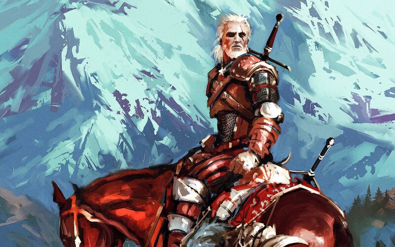 White-haired Warrior on Horse — Red
