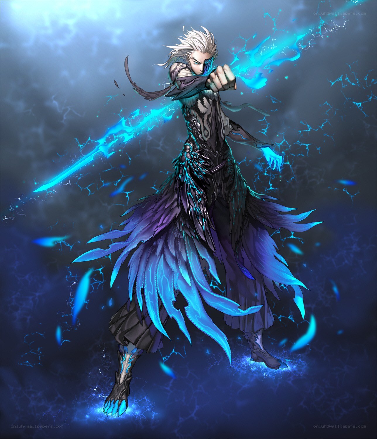 white-haired warrior with blue energy
