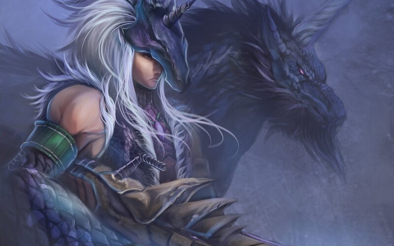 White-haired Warrior with Dragon — Purple