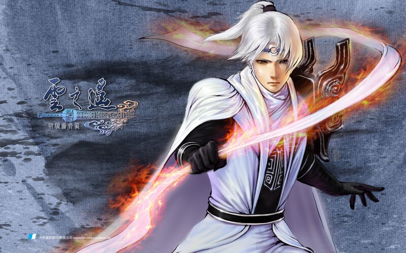 White-haired warrior with flaming sword