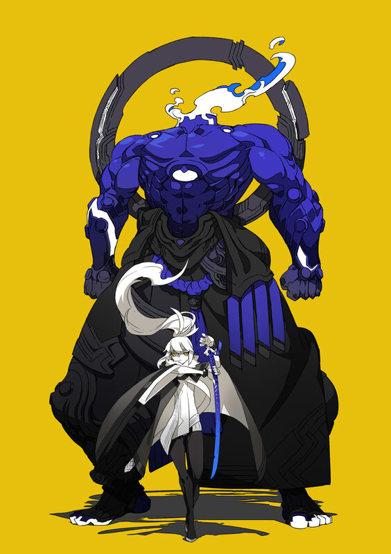 White-haired Warrior with Giant Robot