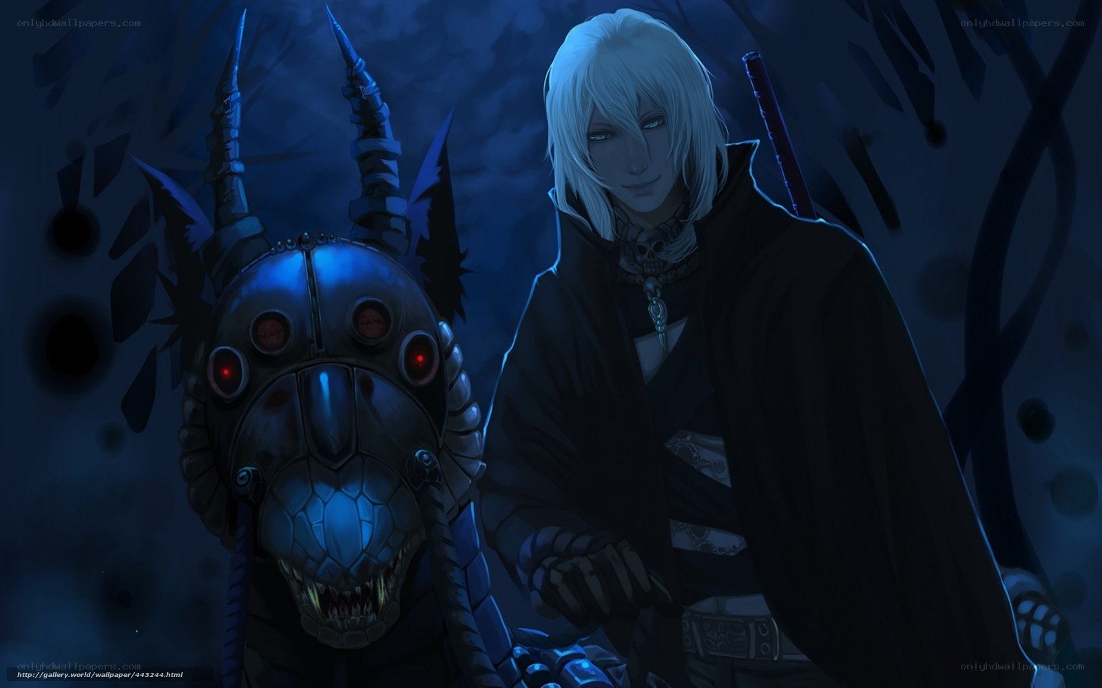 white-haired warrior with mechanical creature