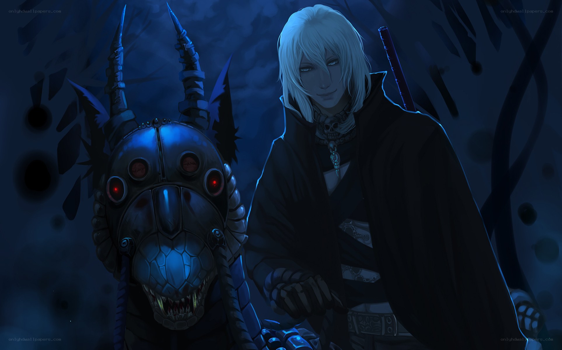 white-haired warrior with mechanical steed