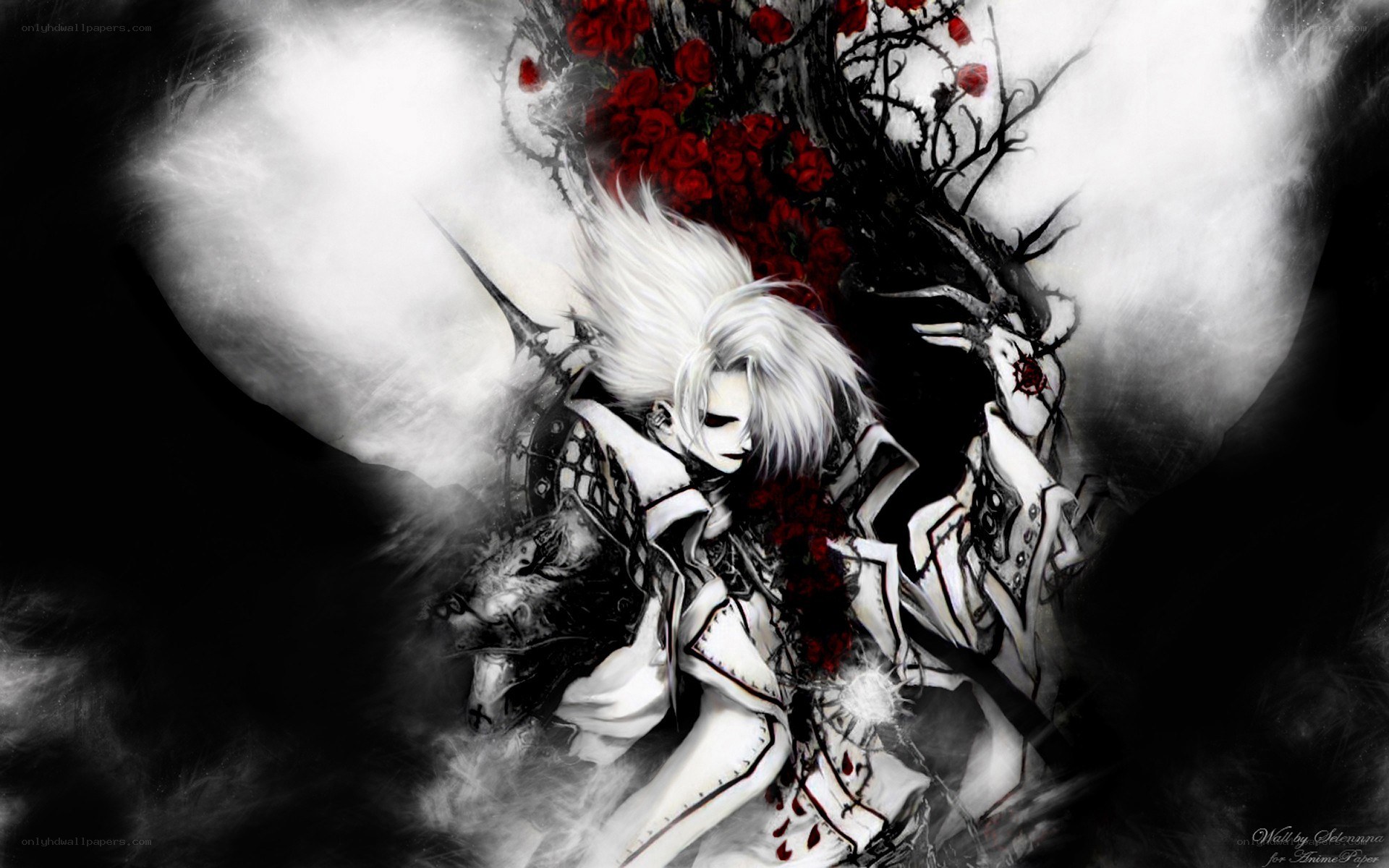 white-haired warrior with roses