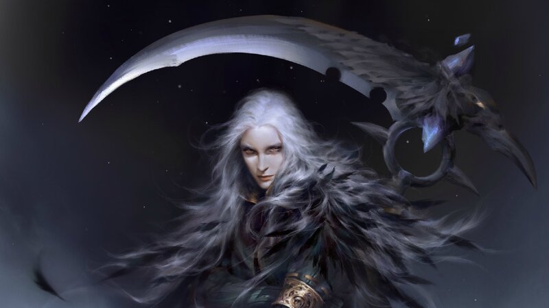 White-haired Warrior with Scythe — Black, Dramatic