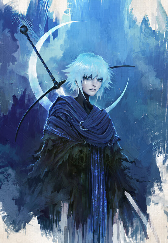 White-haired Warrior with Scythe — Blue