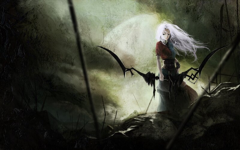 White-haired Warrior with Scythe — Green, Dramatic, Digital Art, Long Hair