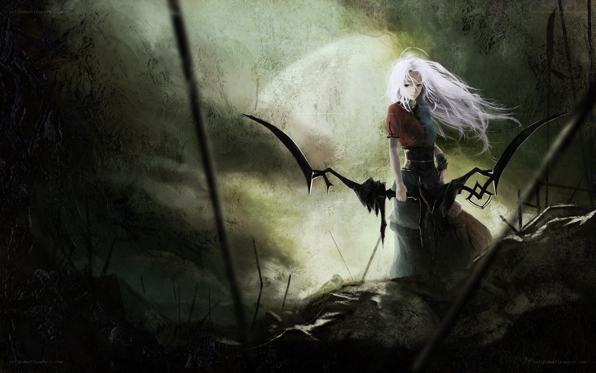 white-haired warrior with scythe
