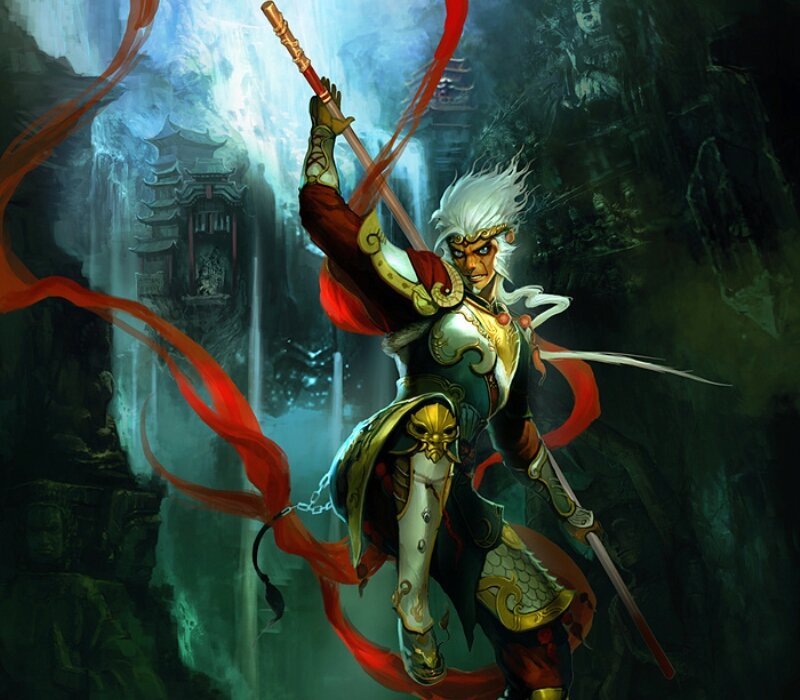 White-haired Warrior with Staff — Green