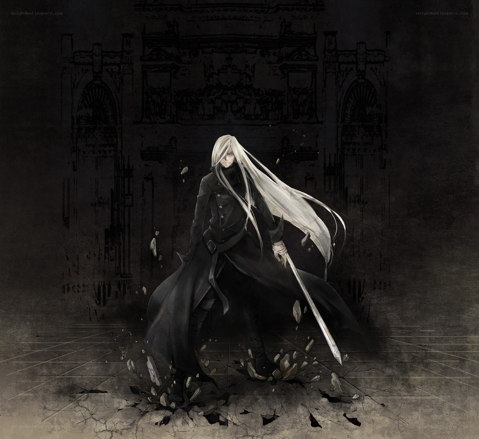 white-haired warrior with sword