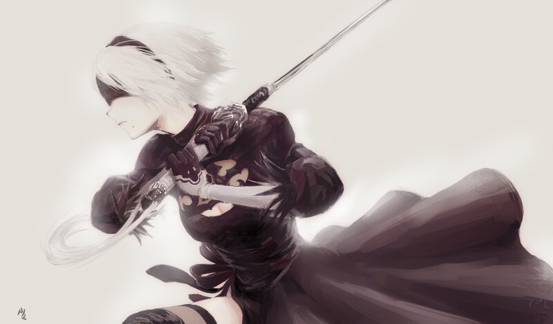 White-haired Warrior with Sword — Black, Dramatic, Digital Art, Black Outfit