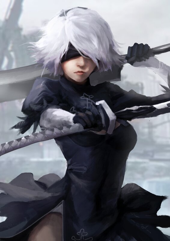 White-haired Warrior with Sword — Black, Dramatic, Digital Art, Blindfold