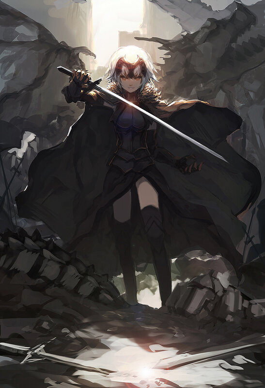 White-haired Warrior with Sword — Black, Dramatic, Digital Art, Cloak, Ruins