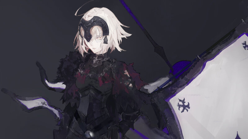 White-haired Warrior with Sword — Black, Dramatic, Digital Art, Shield