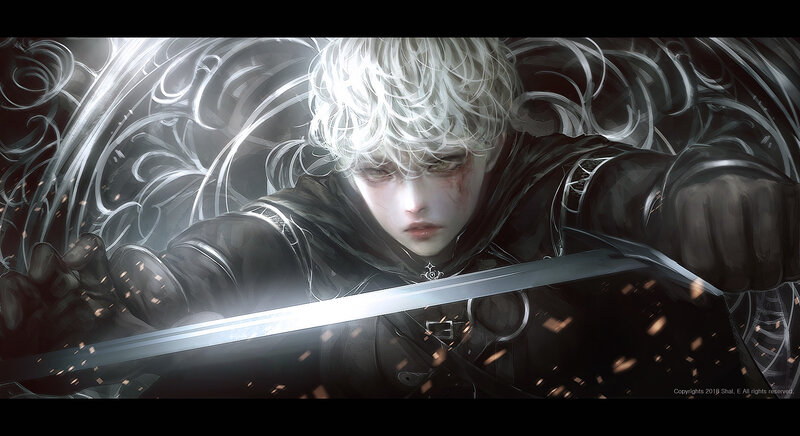 White-haired Warrior with Sword — Black, Dramatic, Digital Art, Sparks