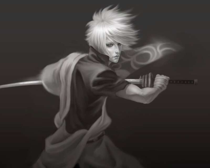 White-haired Warrior with Sword — Black, Dramatic, Digital Art