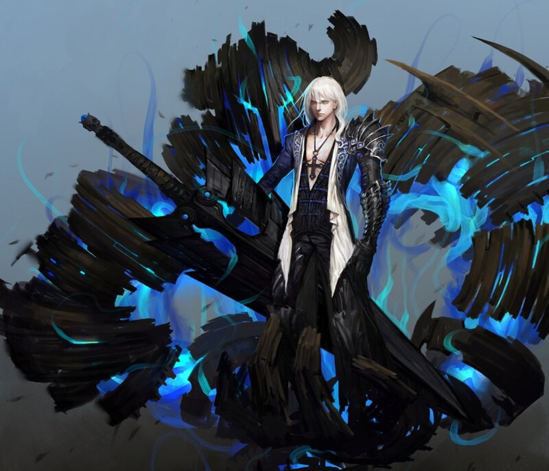 White-haired Warrior with Sword — Black, Dramatic, Digital Art, Wings