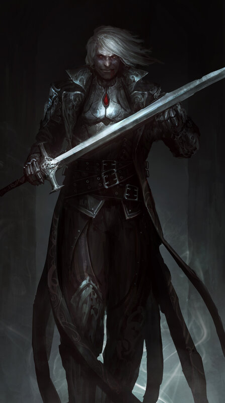 White-haired Warrior with Sword — Black, Dramatic, Night, Digital Art, Armor, Dark Background