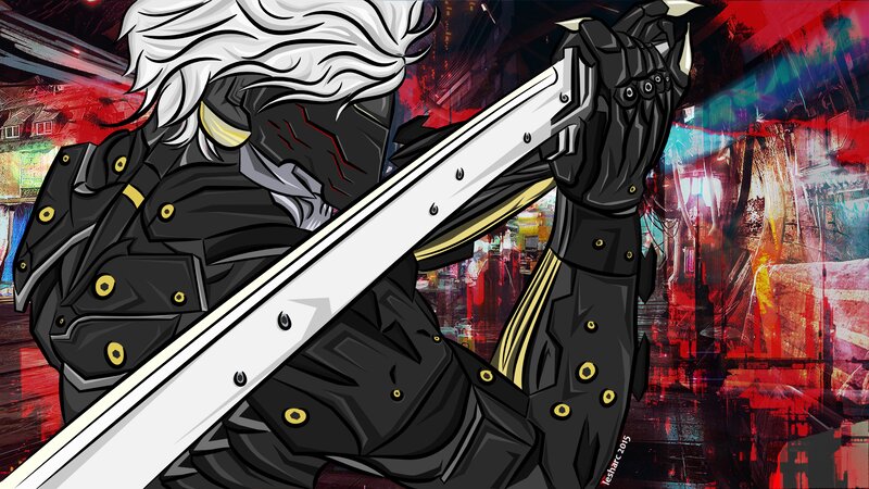 White-haired Warrior with Sword — Black, Dramatic, Night, Digital Art, Cyborg