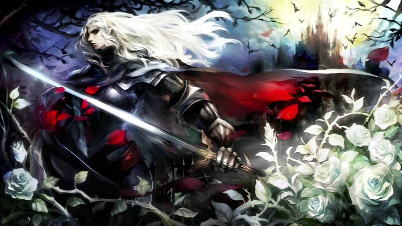White-haired Warrior with Sword — Black, Dramatic, Night, Digital Art, Red Cape, Roses