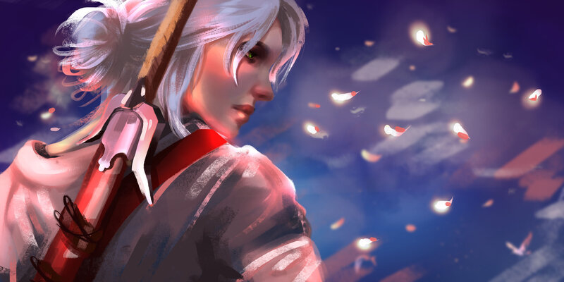 White-haired Warrior with Sword — Blue, Dramatic, Night, Digital Art, Petals