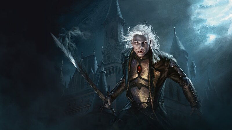 White-haired Warrior with Sword — Blue, Dramatic, Night, Digital Art