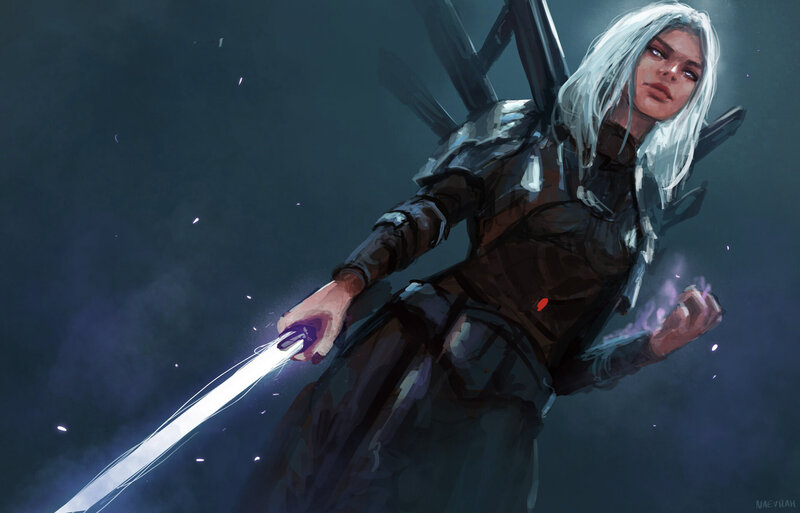 White-haired Warrior with Sword — Dark Blue