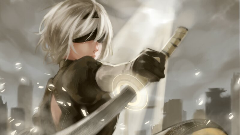 White-haired Warrior with Sword — Gray, Dramatic, Digital Art