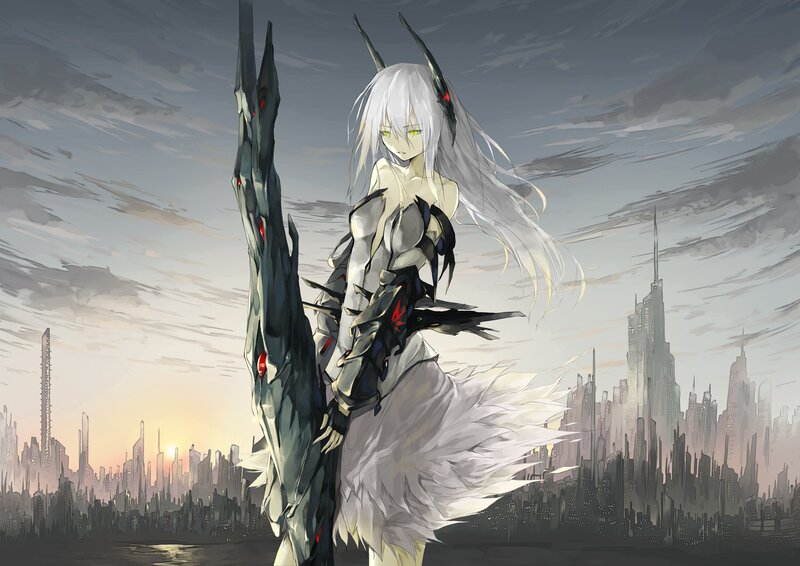 White-haired Warrior with Sword — Gray, Dramatic, Sunset