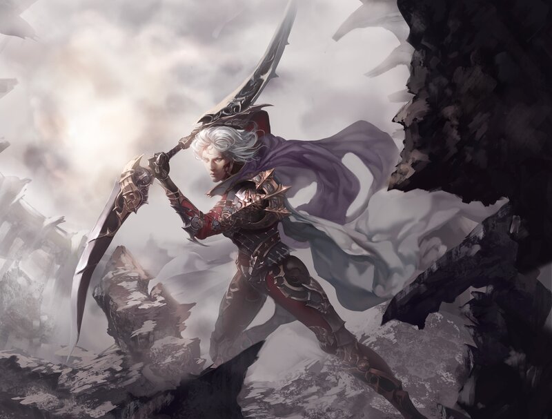 White-haired Warrior with Sword — Gray, Dramatic
