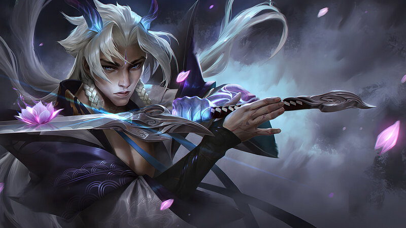 White-haired Warrior with Sword — Purple, Dramatic, Digital Art