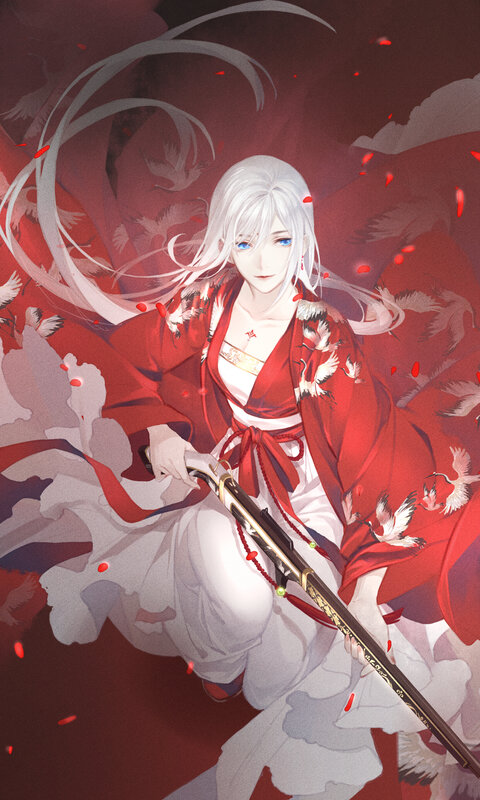 White-haired Warrior with Sword — Red, Dramatic, Digital Art, Kimono