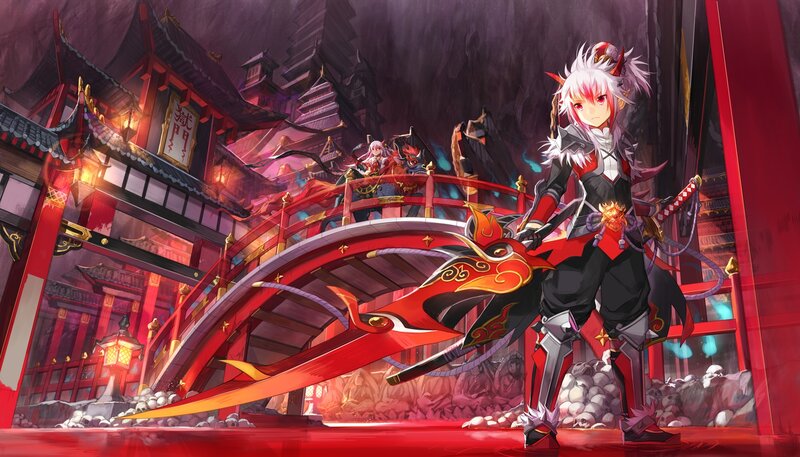 White-haired Warrior with Sword — Red, Dramatic, Night, Digital Art