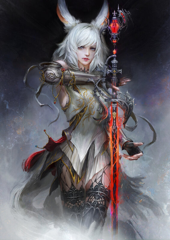 White-haired Warrior with Sword — White, Dramatic, Digital Art, Staff