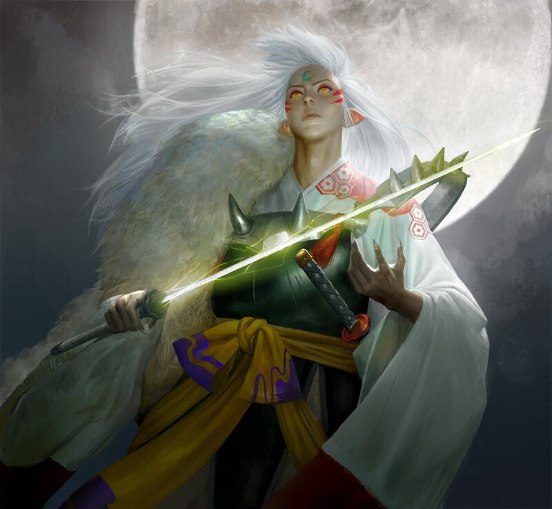 White-haired Warrior with Sword — White, Dramatic, Night, Digital Art