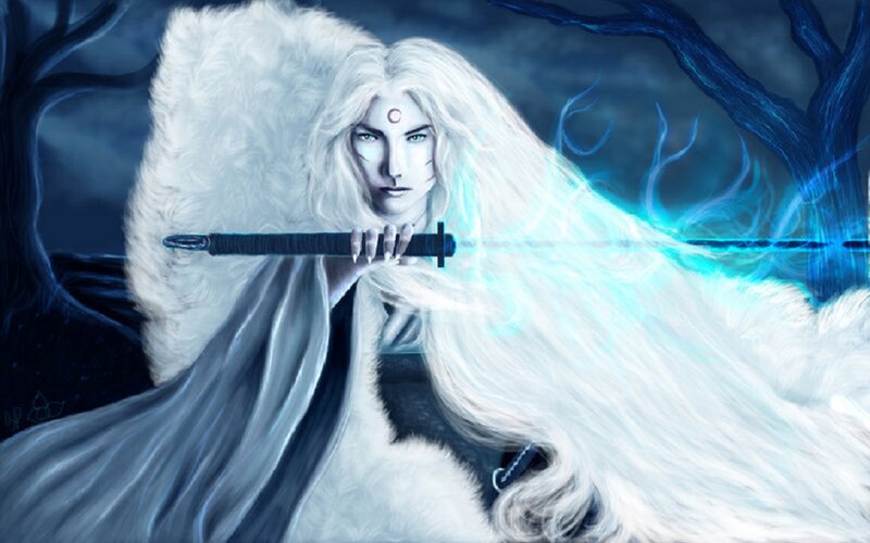 White-haired Warrior with Sword — White, Dramatic, Night