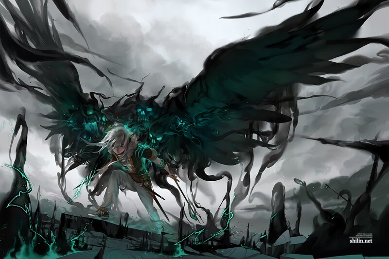 White-haired Warrior with Wings — Black, Dramatic, Digital Art